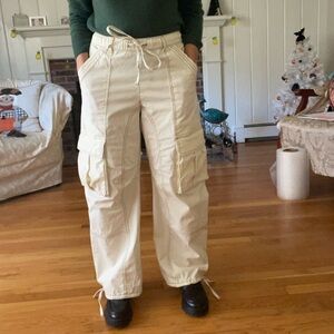 Zara Cream Baggy Cargo Pants with Contrasting Stitching